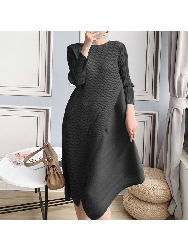 Sanzhai Pleated Dress Long Irregular Long Dress New Spring And Autumn Style Fashionable Long Sleeve Pleated Dress Dress