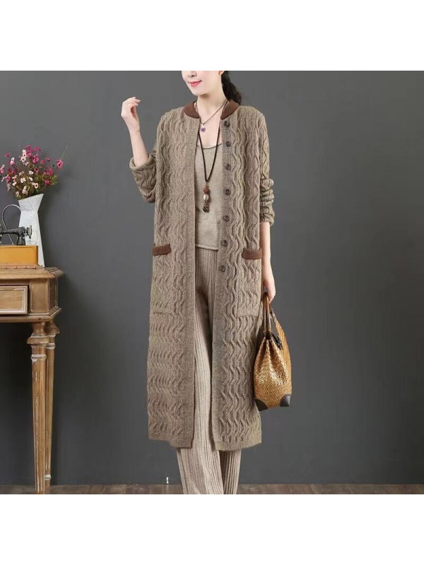 2023 Autumn/Winter New Wave Pattern Knitted Cardigan National Style Retro Long Style Lazy Long Style Coat Coat Women's Wear