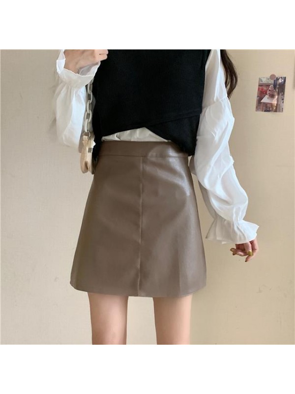 Small Leather Skirt Women's 2023 Autumn Anti Shining Half Skirt Versatile PU Leather Short Skirt High Waist Slim A-Line Skirt Wrapped Hip Skirt