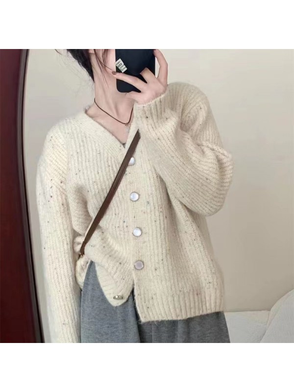 Autumn And Winter New Gentle Style Colorful Dots Versatile Knitted Cardigan Women's Loose Temperament Thick V-Neck Flower Thread Sweater Coat