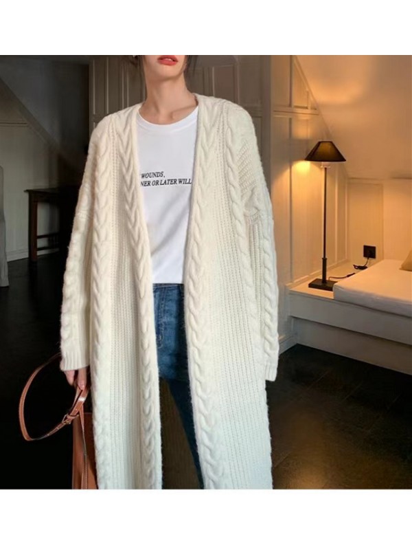 Autumn And Winter New Knitting Cardigan Coat Women's Long Fried Dough Twists Sweater Fashion Retro Lazy Style Coat Top