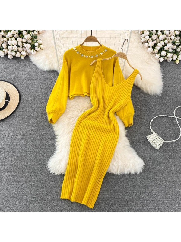 French Style Celebrity Pin Bead High Waist Two Piece Woolen Dress 2023 Autumn/Winter New Knit Tank Top Dress