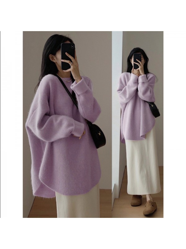 Korean Version Gentle And Lazy Autumn And Winter New Niche Design Knit Shirt Solid Color Top Medium Length Pullover Sweater For Women