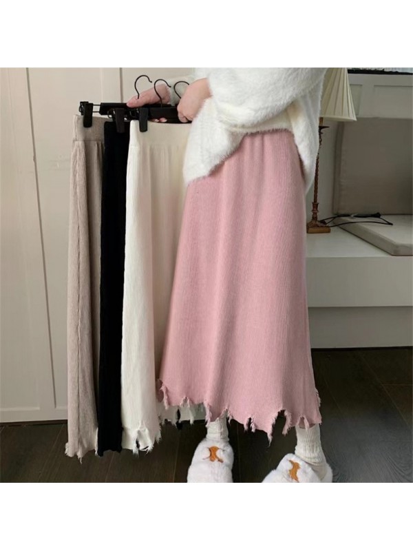 Knitted Half Length Skirt For Autumn And Winter, New High Waisted Slim Fringed Hem, Raw Edge, Straight Tube, One Step Skirt, Buttocks Wrapped, Mid Tube Skirt