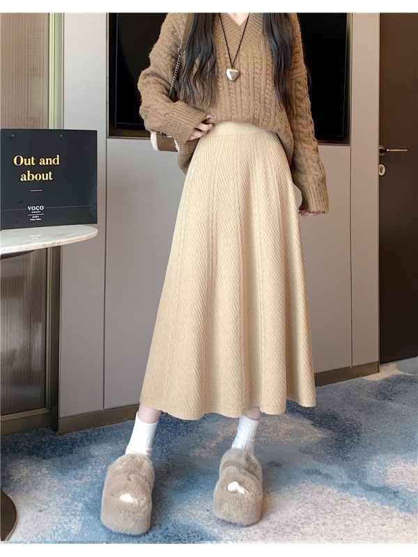 High Waist Covering Crotch Showing Thin A-Line Umbrella Skirt Women's 2023 Autumn/Winter Short Skirt Medium Long Skirt Temperament Versatile Knitted Half Skirt