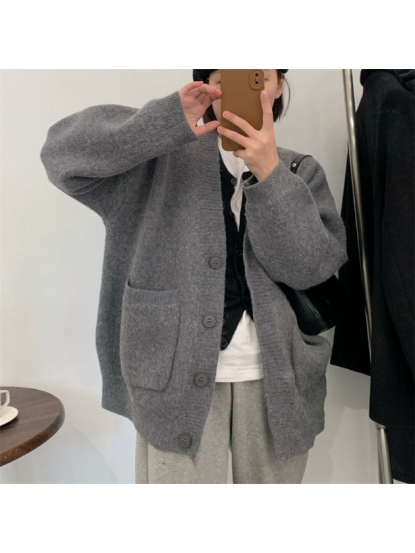 Knitted Cardigan Women's 2023 Autumn/winter New Sweater Lazy Style Large Pocket Korean V-Neck Loose And Slimming Jacket Women