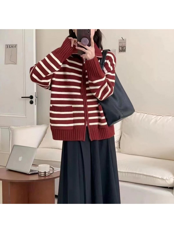 Stand Up Collar Design, Striped Contrast Color Zipper, Long Sleeved Knitted Cardigan For Women In Autumn And Winter, Loose And Lazy Style, Sweater Jacket Trend