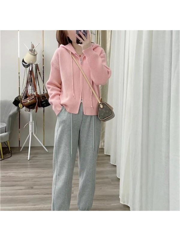 Knitted Cardigan Solid Color Hooded Jacket For Women's Autumn And Winter 2023 New Loose Zipper Long Sleeved Age Reducing Sweater For Women's Top