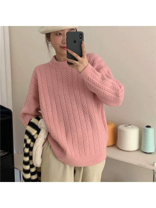 Japanese Retro Fried Dough Twists Pullover Sweater Women's Autumn And Winter New Lazy Wind Loose Soft Waxy Round Neck Sweater Top Thick