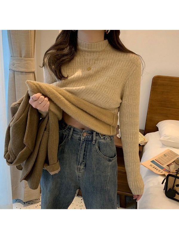 Autumn And Winter Plush Sweater Women's Underlay Half High Collar Thickened Warm Inner Layer White Knitted One Piece Mink Fleece Top