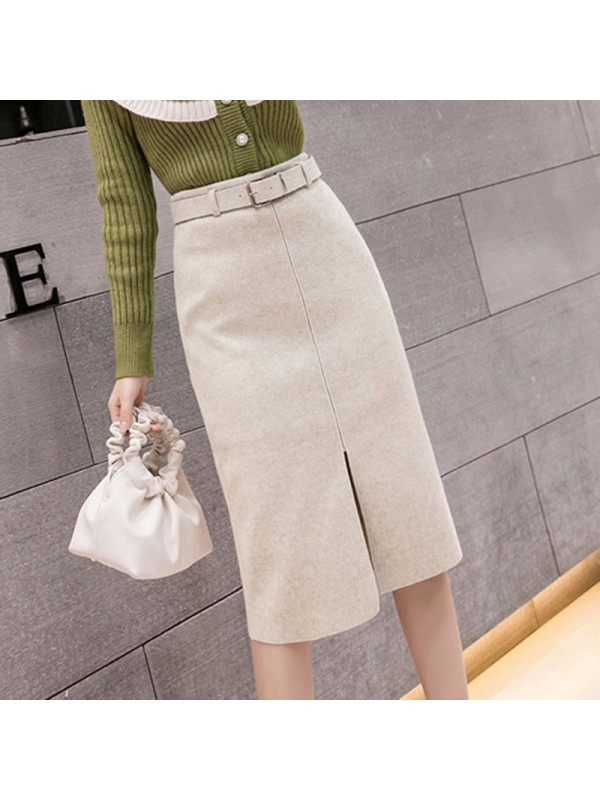 Woolen Half Length Skirt For Women In Autumn And Winter, New Style Wrapped Skirt With High Waist And Slim Waist, Medium Length Slit Wrapped Hip Skirt, Thickened One-Step Skirt Factory