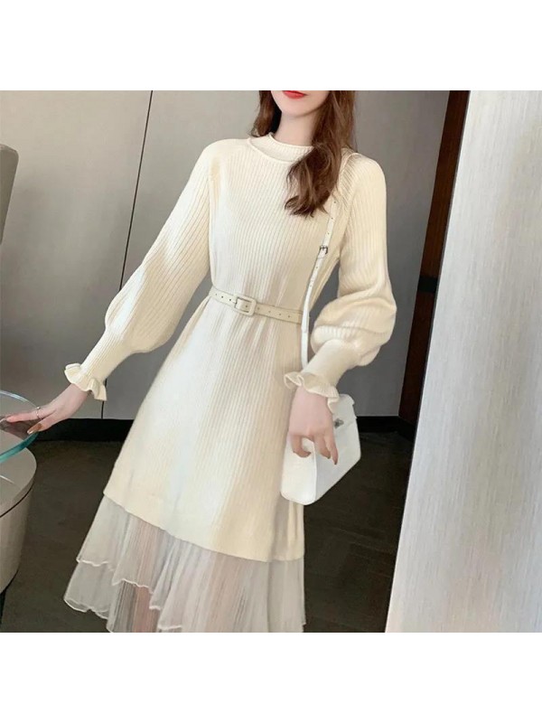 New Knitted Dress For Women's Autumn And Winter Mid Length Mesh Waist Wrap Show Thin Temperament Half High Collar Underlay Woolen Dress