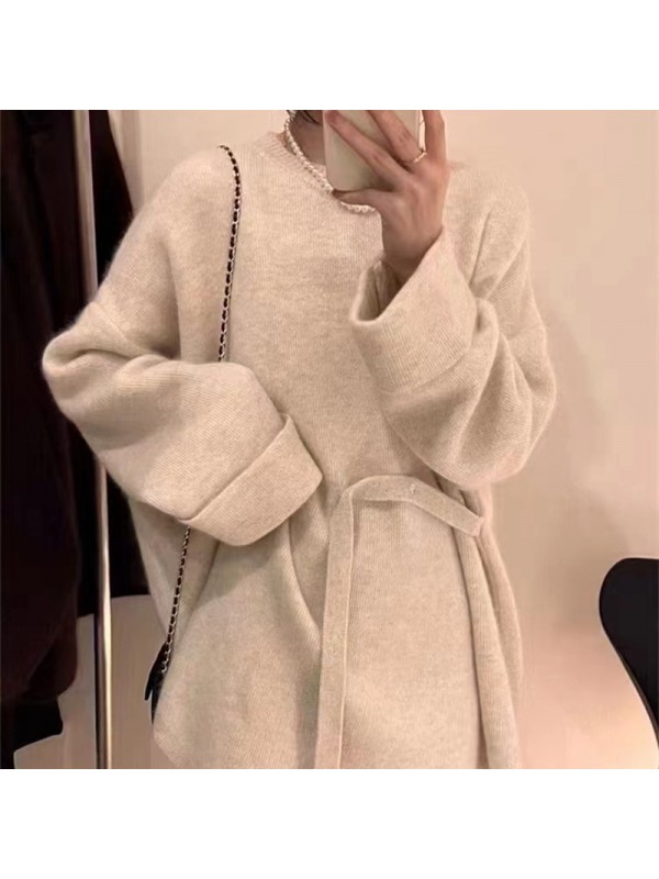 2023 Autumn And Winter New Korean Solid Round Neck Large Knitted Pullover Top For Women Lazy Lace Up Sweater For Women