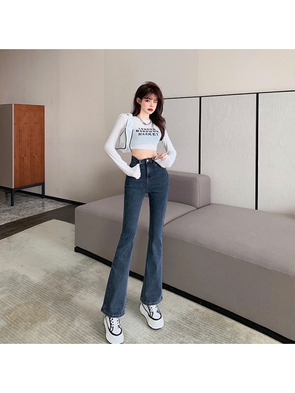 Plush And Thick Flared Jeans For Women's Autumn And Winter New High Waisted Elastic Tight, Slimming And Warm, Slightly Flared Floor Long Pants