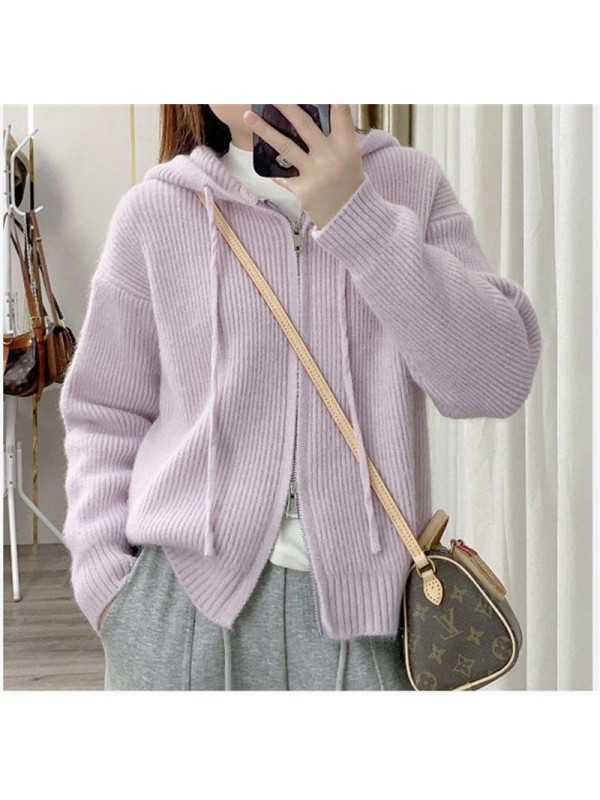 Knitted Cardigan Solid Color Hooded Jacket For Women's Autumn And Winter 2023 New Loose Zipper Long Sleeved Age Reducing Sweater For Women's Top