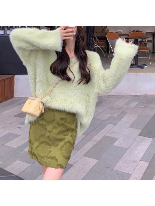 Autumn And Winter New Soft Glutinous Imitation Mink Fleece Knitwear Top Women's Korean Version Loose V-Neck Fashion Sweater Pullover Wholesale