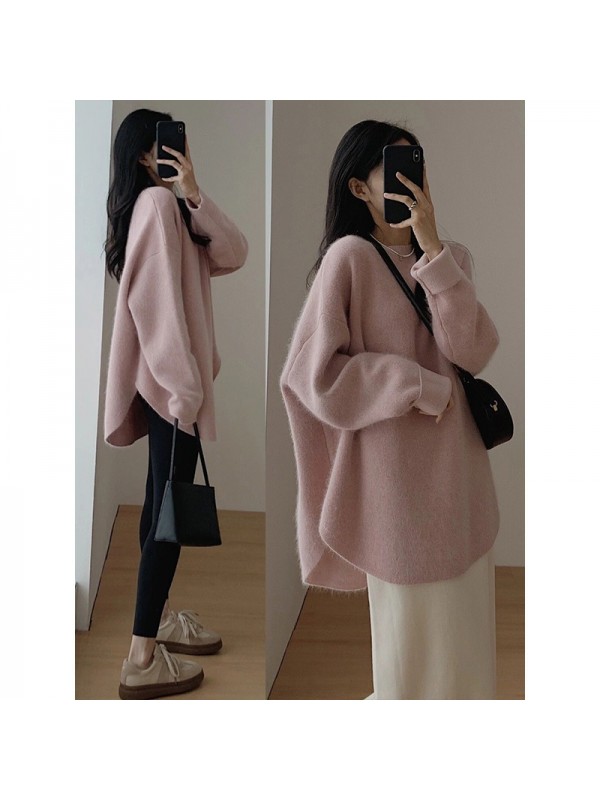 Korean Version Gentle And Lazy Autumn And Winter New Niche Design Knit Shirt Solid Color Top Medium Length Pullover Sweater For Women