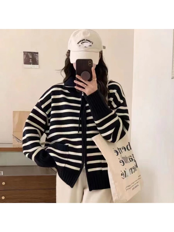 Stand Up Collar Design, Striped Contrast Color Zipper, Long Sleeved Knitted Cardigan For Women In Autumn And Winter, Loose And Lazy Style, Sweater Jacket Trend