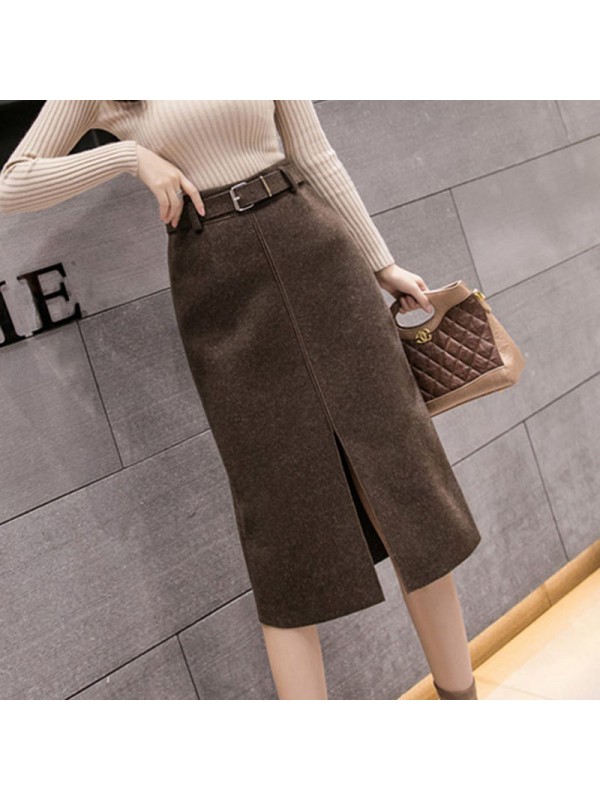 Woolen Half Length Skirt For Women In Autumn And Winter, New Style Wrapped Skirt With High Waist And Slim Waist, Medium Length Slit Wrapped Hip Skirt, Thickened One-Step Skirt Factory