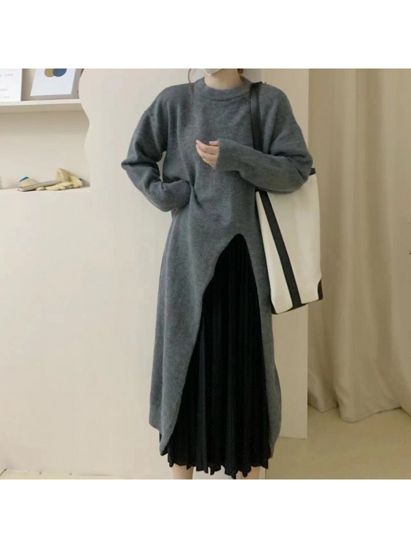 2023 Autumn/Winter New Slouchy Loose Mid Length Split Knitted Dress Fashion Simple Over Knee Woolen Dress