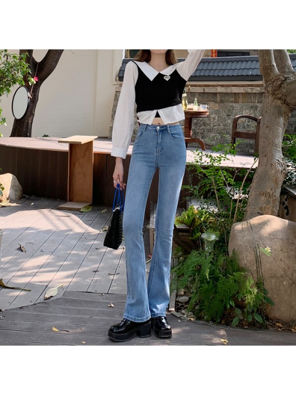 Spicy Girl Jeans Slightly Ragged Women's Autumn And Winter Design Sense High Waist Slim Tall Elastic Horseshoe Flare Pants