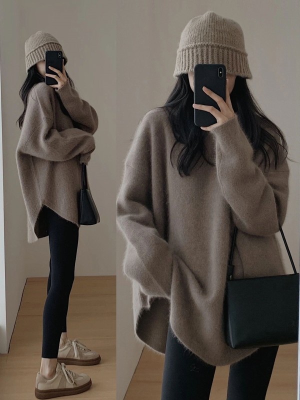 Puyuan 2023 French Fashionable Split Loose Pullover Women's Thickened Sweater Autumn And Winter Literature Vintage Knitwear Top