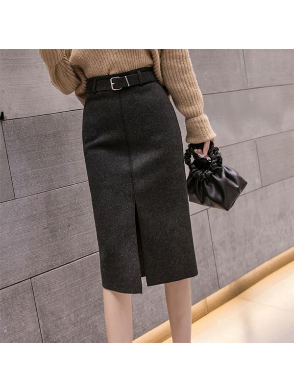 Woolen Half Length Skirt For Women In Autumn And Winter, New Style Wrapped Skirt With High Waist And Slim Waist, Medium Length Slit Wrapped Hip Skirt, Thickened One-Step Skirt Factory