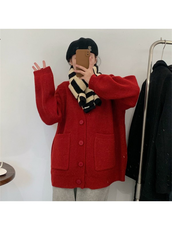 Knitted Cardigan Women's 2023 Autumn/winter New Sweater Lazy Style Large Pocket Korean V-Neck Loose And Slimming Jacket Women