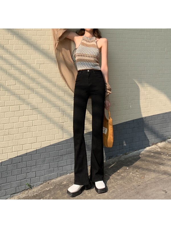 Spicy Girl Jeans Slightly Ragged Women's Autumn And Winter Design Sense High Waist Slim Tall Elastic Horseshoe Flare Pants