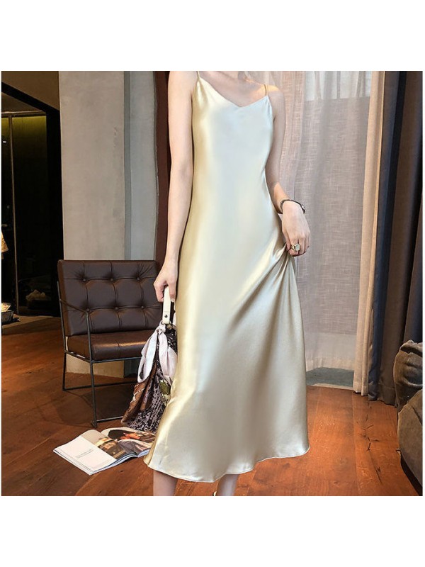 Sexy A-Line Skirt Women's Long Summer Dress New Korean Version Sling Dress Pajama Dress Solid Color Over Knee Long Dress