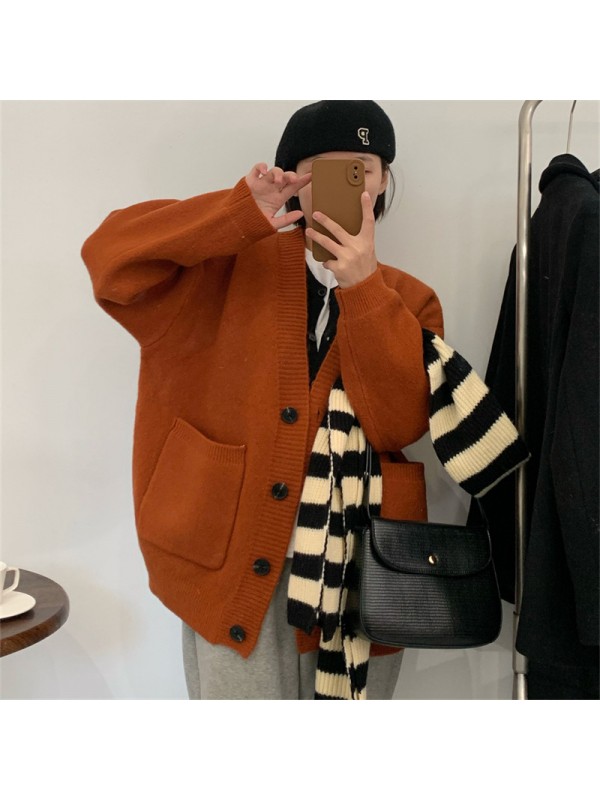 Knitted Cardigan Women's 2023 Autumn/winter New Sweater Lazy Style Large Pocket Korean V-Neck Loose And Slimming Jacket Women