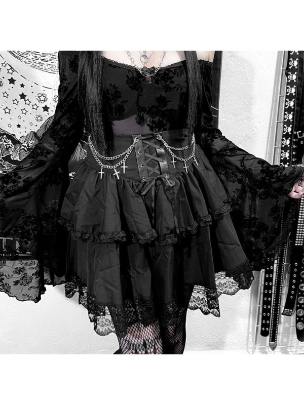 WY23117 Halloween Autumn New High Waist Strap Cross Chain Punk Style Lace Spicy Girl Short Skirt