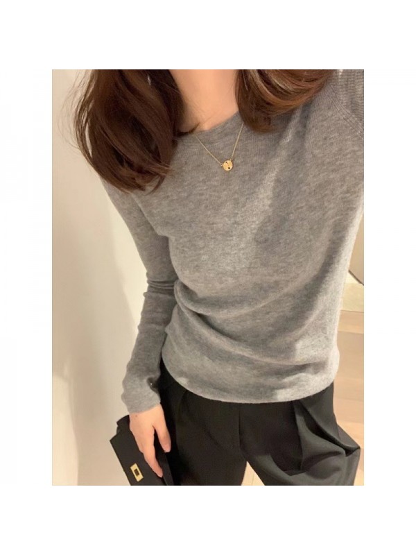 White Round Neck Wool Bottom Sweater For Women In Autumn And Winter With Long Sleeves And Over Shoulder Knitted Sweater, Slim Fitting Short Top