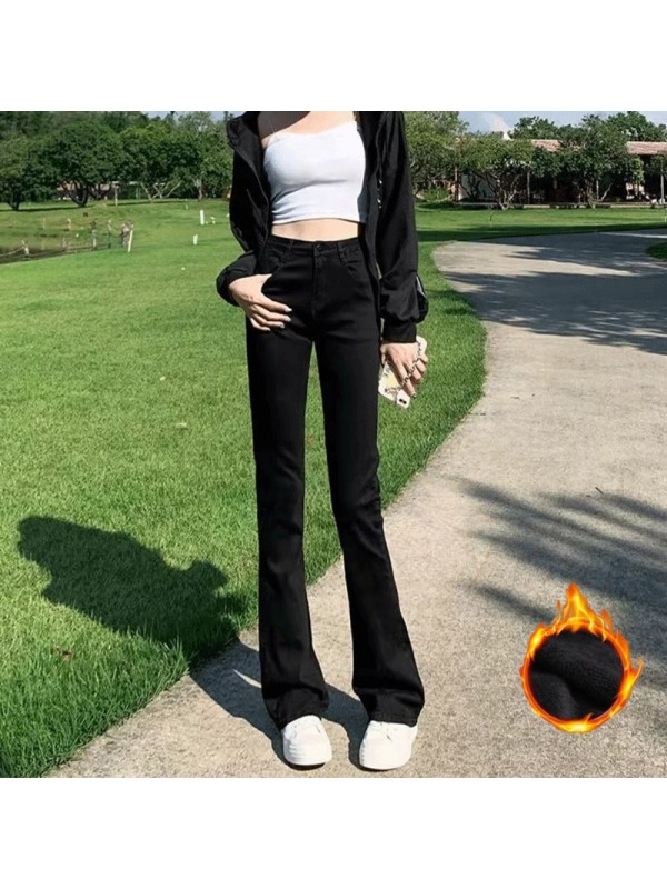 Velvet Denim Women's Horseshoe Micro Flared Pants Autumn And Winter 2023 New High Waisted Elastic Wide Leg Black Slimming