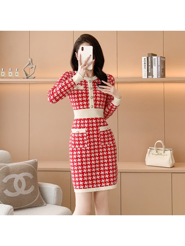 Thirteen Rows Women's New Knitted Dress Long Sleeved Waist Waist Slim Medium Length A-Line Wool Dress Small Fragrant Style