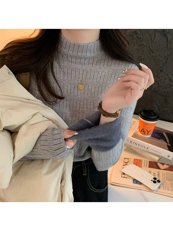 Autumn And Winter Plush Sweater Women's Underlay Half High Collar Thickened Warm Inner Layer White Knitted One Piece Mink Fleece Top