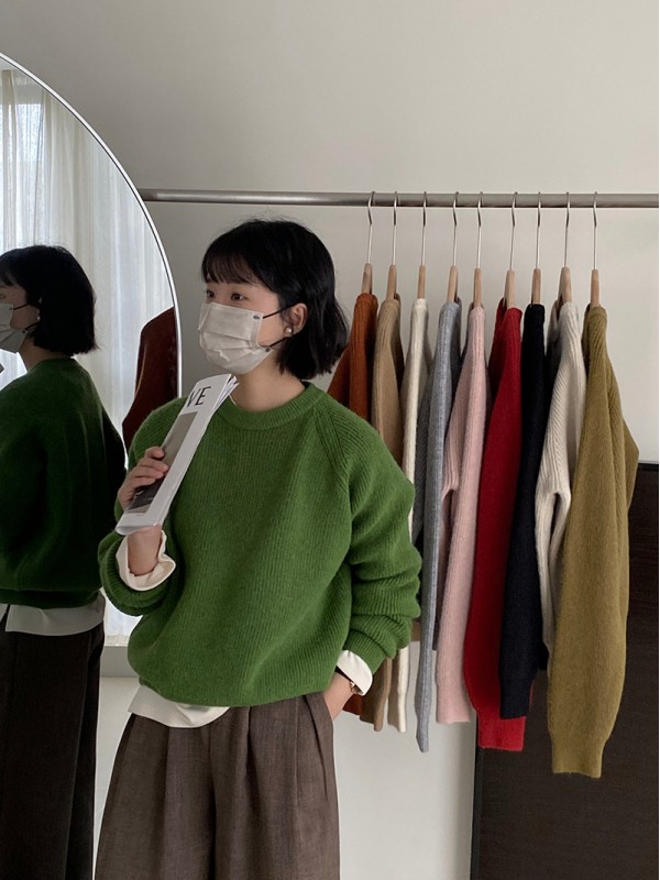 Jiangzuo Xianbai Lazy Style Simple Korean Pullover Yuanbao Needle Round Neck Knitted Sweater For Women 2023 Autumn/Winter 7805