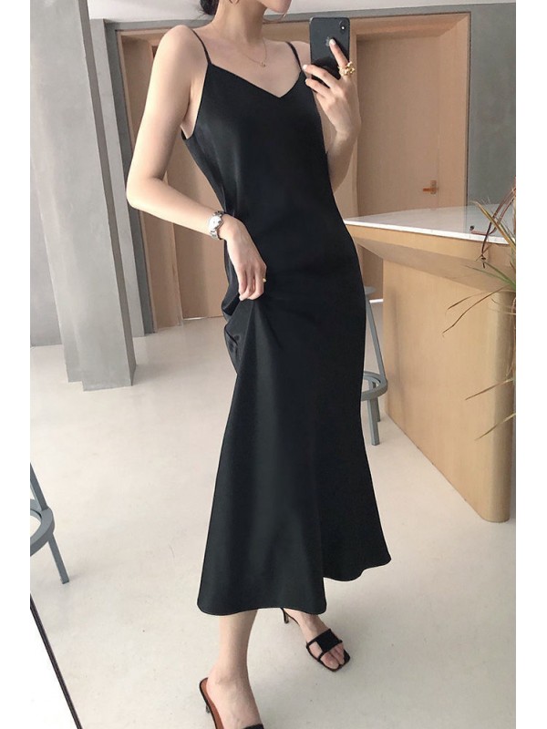 Sexy A-Line Skirt Women's Long Summer Dress New Korean Version Sling Dress Pajama Dress Solid Color Over Knee Long Dress