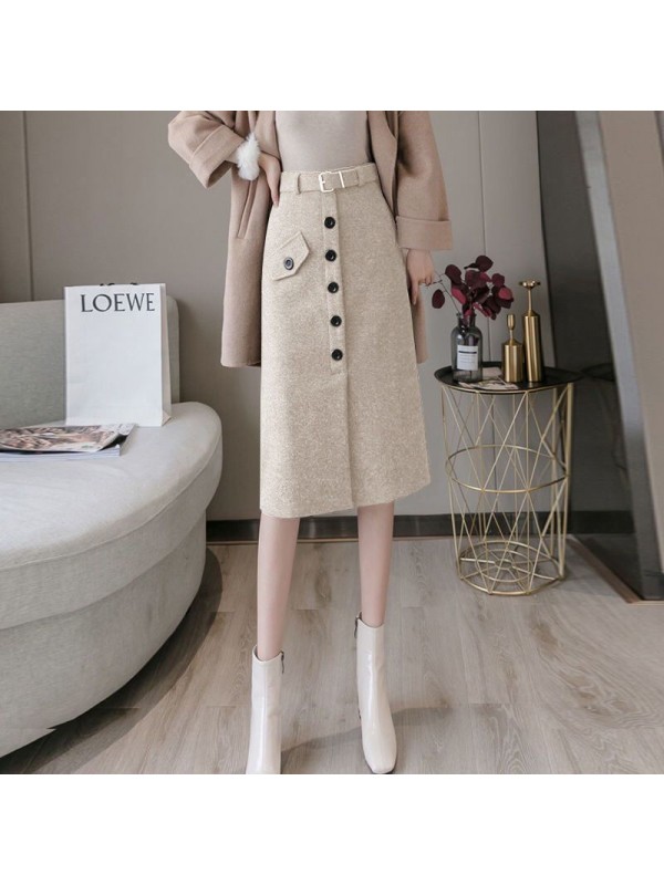 Woolen Half Length Skirt For Women In Autumn And Winter, New Style Wrapped Skirt With High Waist And Slim Waist, Medium Length Slit Wrapped Hip Skirt, Thickened One-Step Skirt Factory