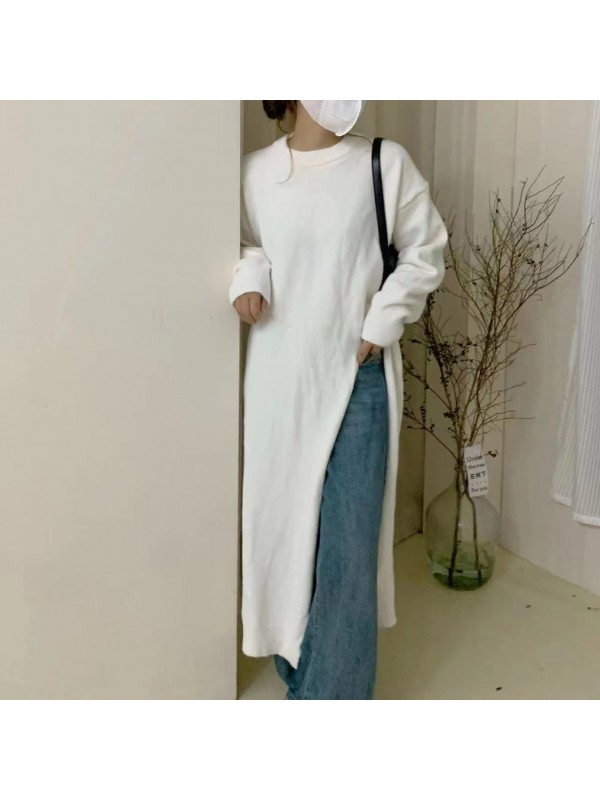 2023 Autumn/Winter New Slouchy Loose Mid Length Split Knitted Dress Fashion Simple Over Knee Woolen Dress