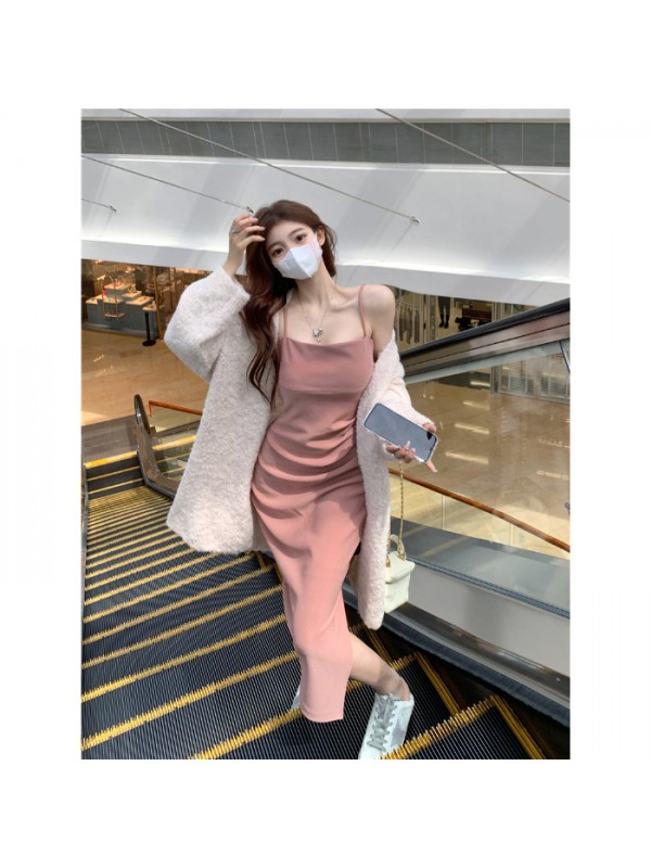 Small Pink Strap Dress Women's Waist Shorted Long Dress Temperament Pure Desire Style One Shoulder Sexy Wrapped Hip Dress