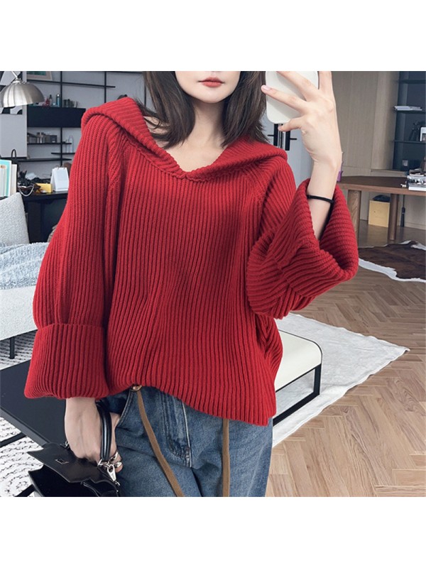 Navy Collar Red Sweater Women's Autumn And Winter Thickened 2023 Slouchy Loose And Unique New Year Red Knit