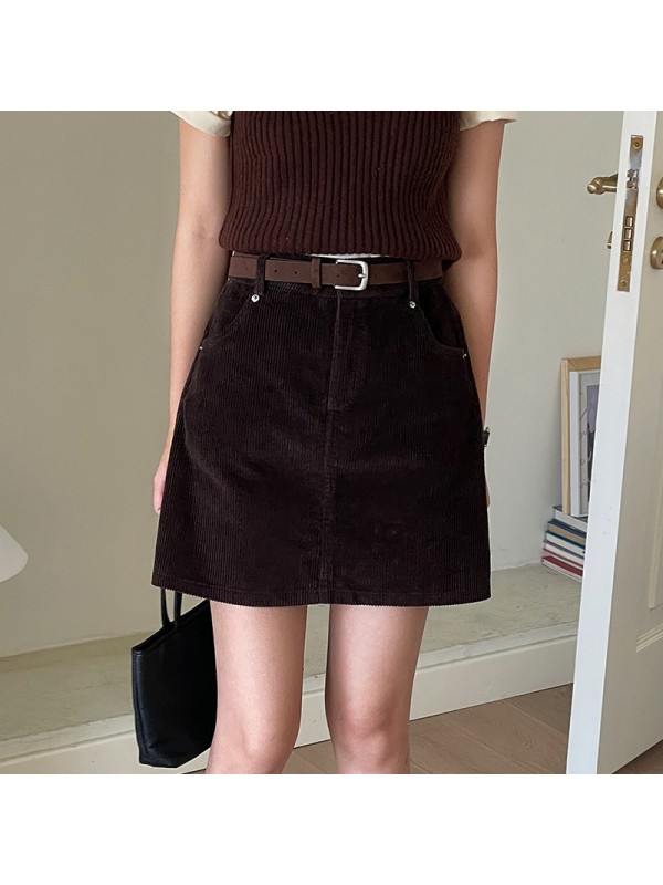 Les A-Line Short Skirt For Women, Small And Slim Corduroy Short Skirt With High Waist Design, Autumn Half Skirt For Women, Free Belt