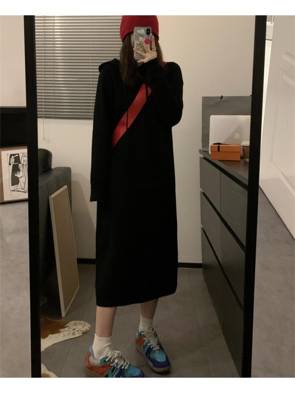 Hooded Knitted Dress Women's 2023 Autumn/Winter New Slouchy Mid Length Style With Loose Fit Sweater Long Dress