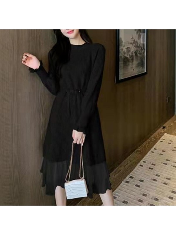 New Knitted Dress For Women's Autumn And Winter Mid Length Mesh Waist Wrap Show Thin Temperament Half High Collar Underlay Woolen Dress