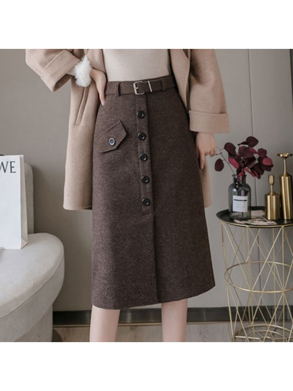 Woolen Half Length Skirt For Women In Autumn And Winter, New Style Wrapped Skirt With High Waist And Slim Waist, Medium Length Slit Wrapped Hip Skirt, Thickened One-Step Skirt Factory