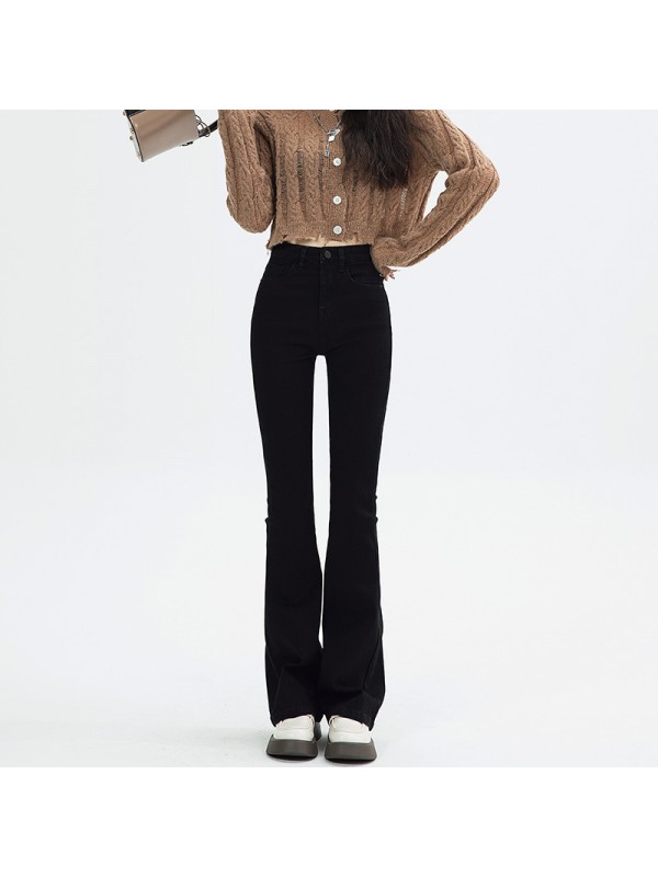 Black Plush High Waisted Elastic Micro Flared Jeans For Women In Autumn And Winter 2023, New Slim Fitting And Slim Flared Long Pants