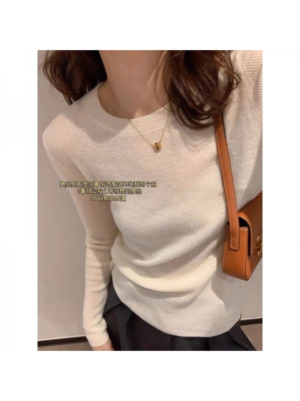 White Round Neck Wool Bottom Sweater For Women In Autumn And Winter With Long Sleeves And Over Shoulder Knitted Sweater, Slim Fitting Short Top