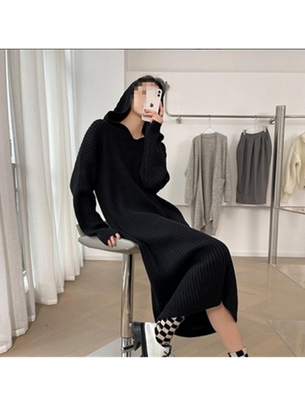 Korean Lazy Style Hooded Knitted Dress Women's Autumn/Winter 2023 Mid Length Over Knee Fashion Casual Sweater Long Dress