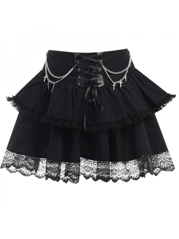 WY23117 Halloween Autumn New High Waist Strap Cross Chain Punk Style Lace Spicy Girl Short Skirt